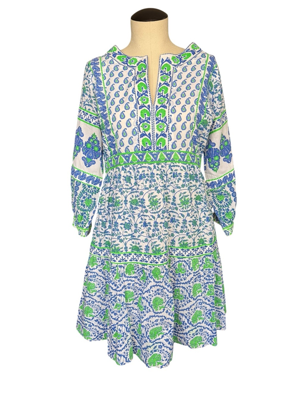 Gretchen Scott Blue Green Printed Long Sleeve Dress Floral Spring Summer XXS